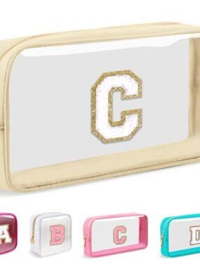 Clear Personalized Initial Makeup Bag Nylon Chenille Letter Patch Zipper
